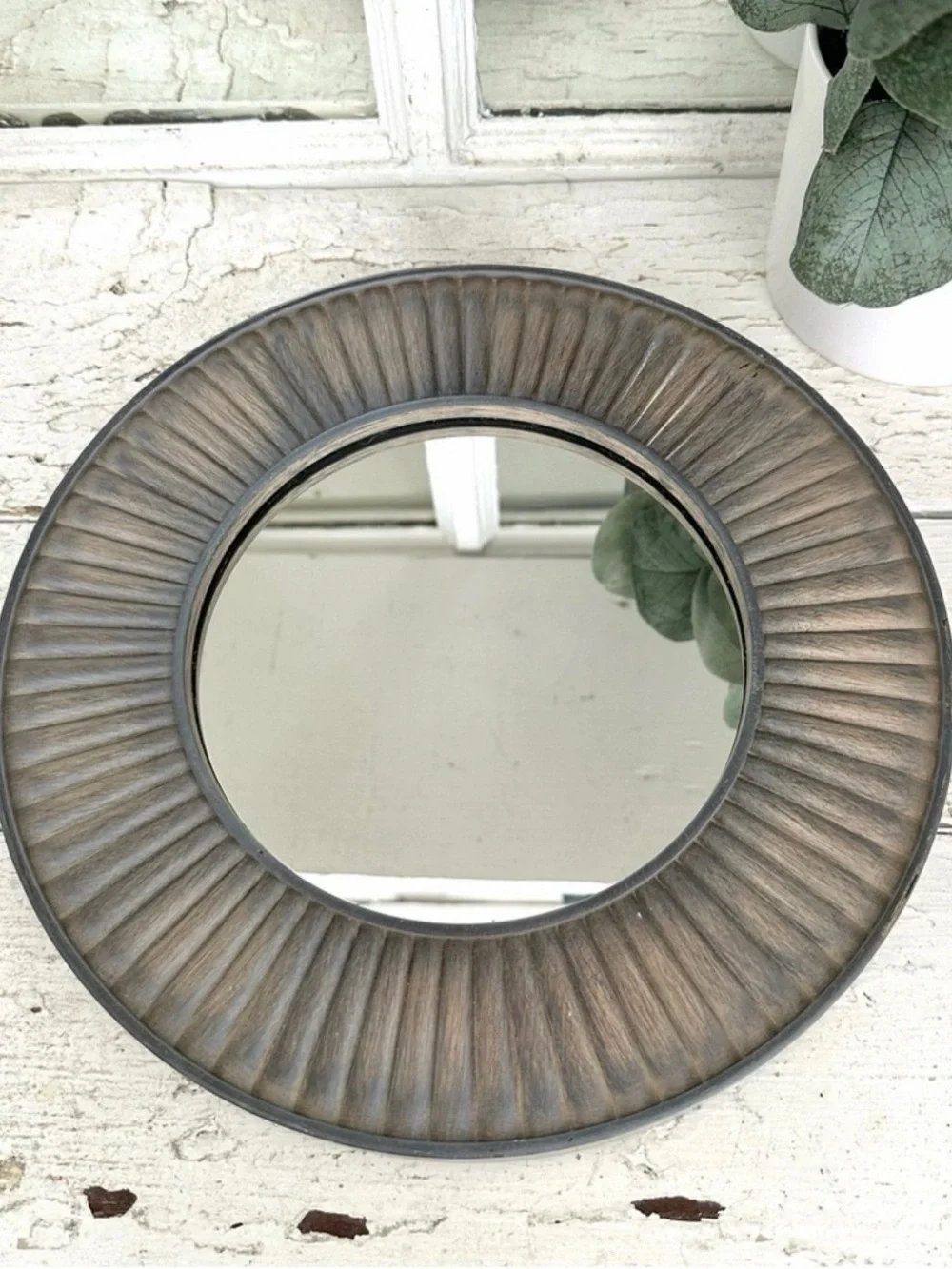 Gray Sunburst Starburst Round Circle Wall Hanging Mirror Lightweight 10” Boho